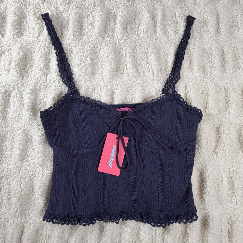 Edikted Navy Blue Lace Trim Textured Cami Top S14461 Small